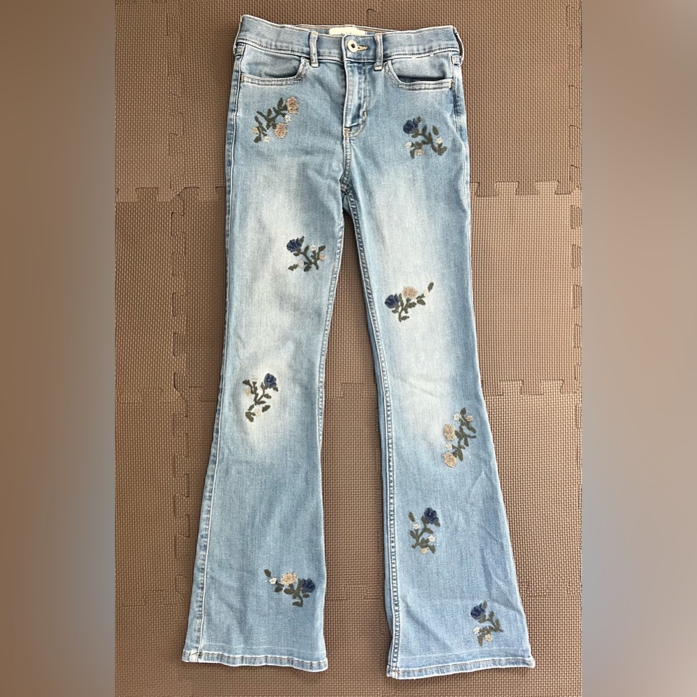 Abercrombie Kids Light Blue Floral Embroidered Flare Jeans